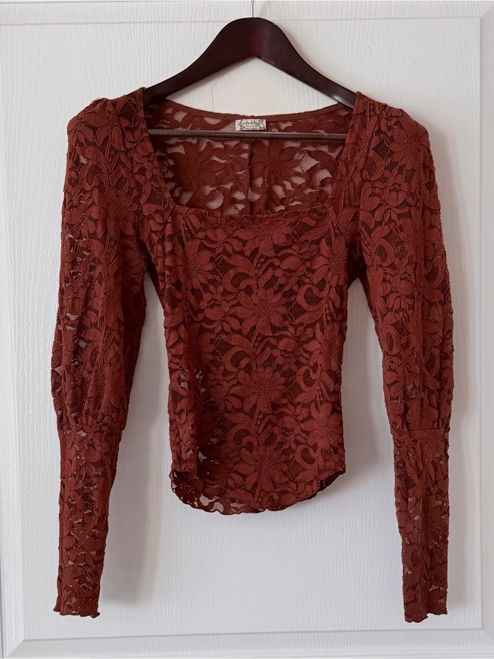 Free People Square-Neck Rust Lace Long Sleeve Blouse